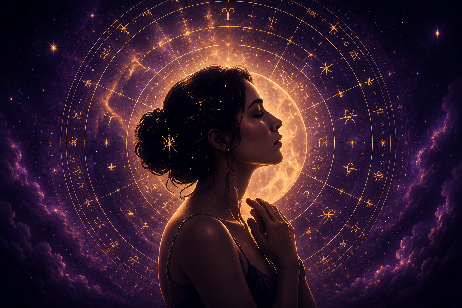 Mujer de perfil frente a una carta zodiacal