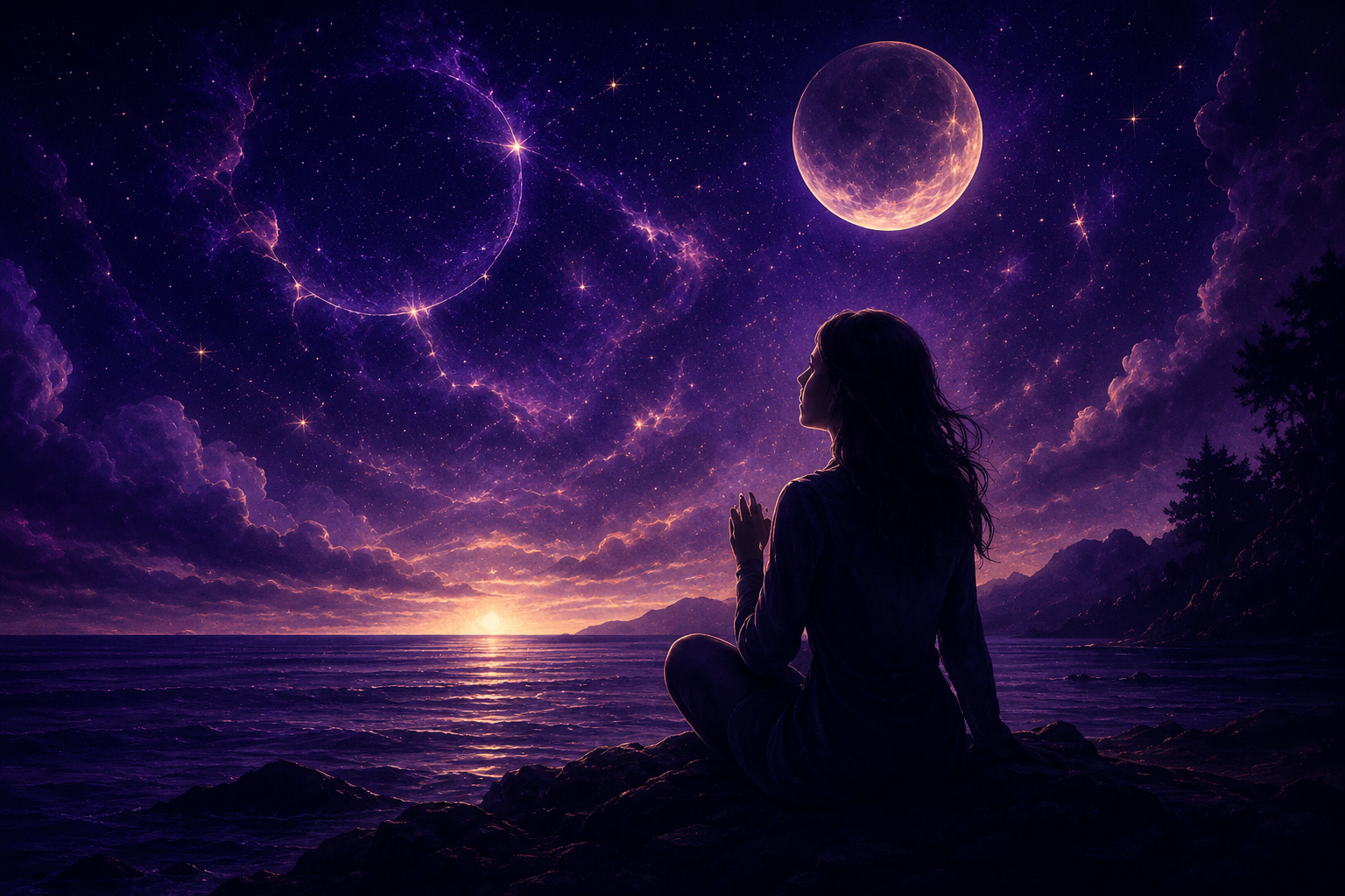 Mujer contemplando un cielo nocturno violeta