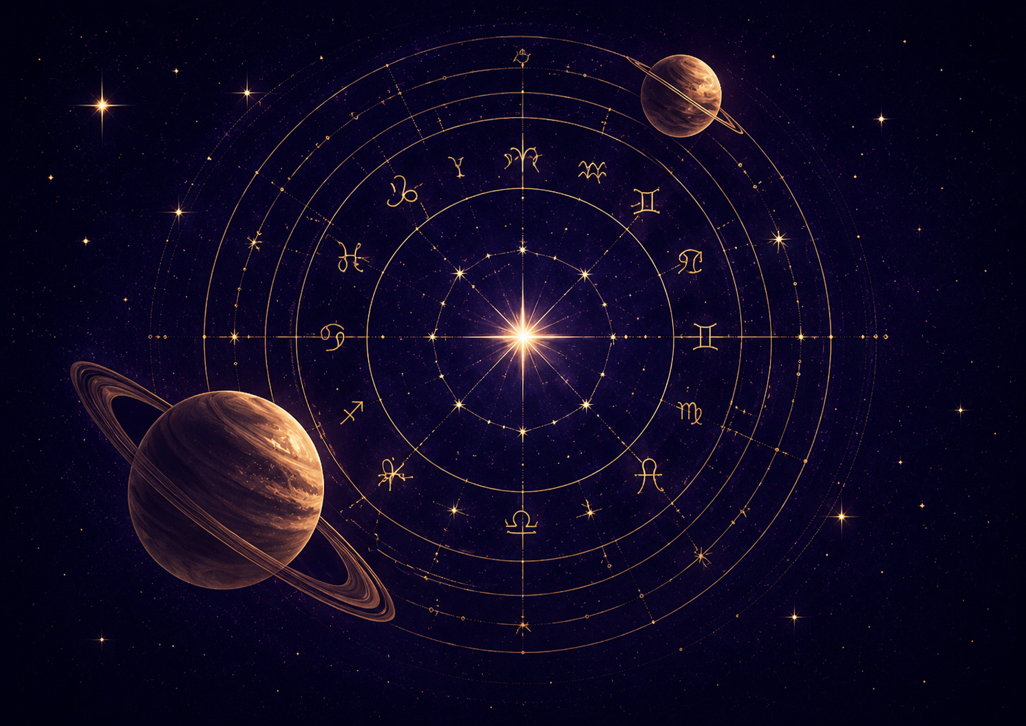 Rueda astrológica dorada rodeada de planetas